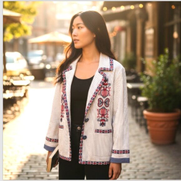 Max Studio London Natalie Jacket Women’s Size L Blue Red Cream Embroidered Dots - Picture 13 of 16